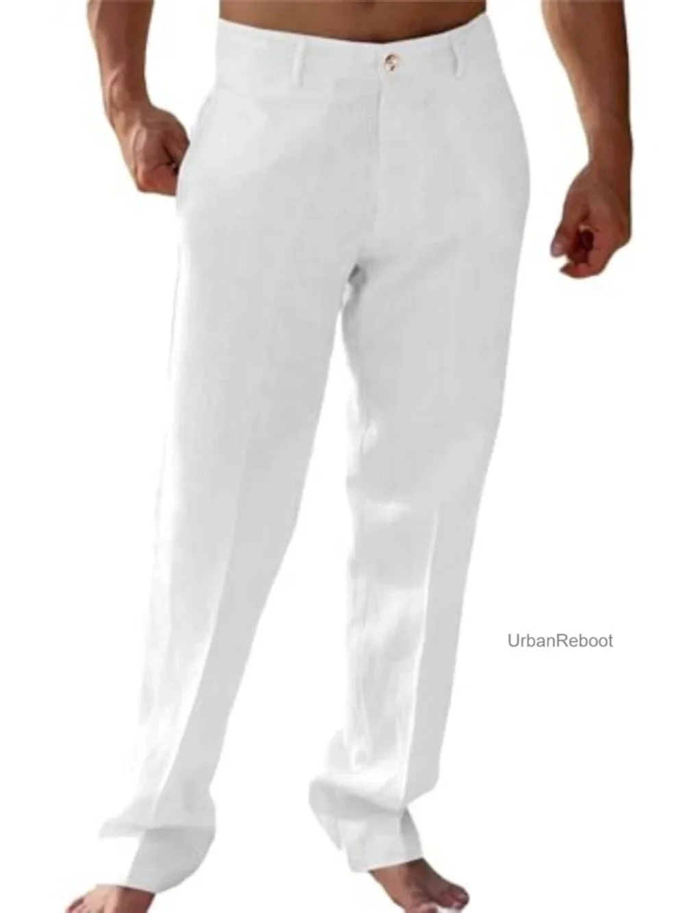 Mens Linen Casual Pants Elastic Waist Lightweight Straight Leg Cotton Trousers